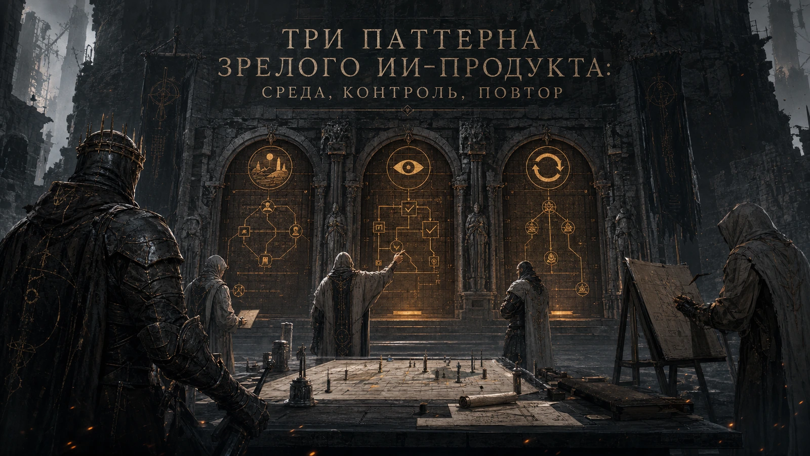 Темная фэнтези-обложка: команда операторов у трех каменных ворот разбирает среду, контроль и повтор зрелого ИИ-продукта
